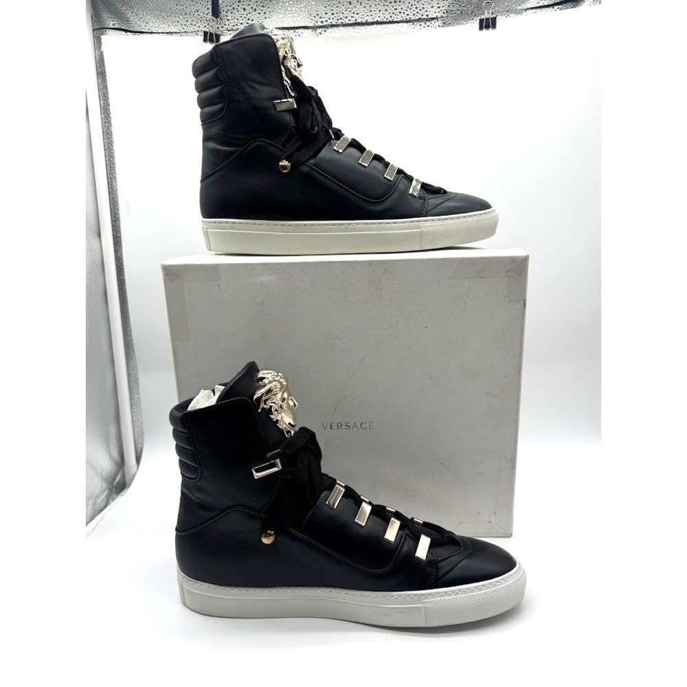 Versace Medusa Head Black Leather High Top Sneakers Gold Hardware Unisex